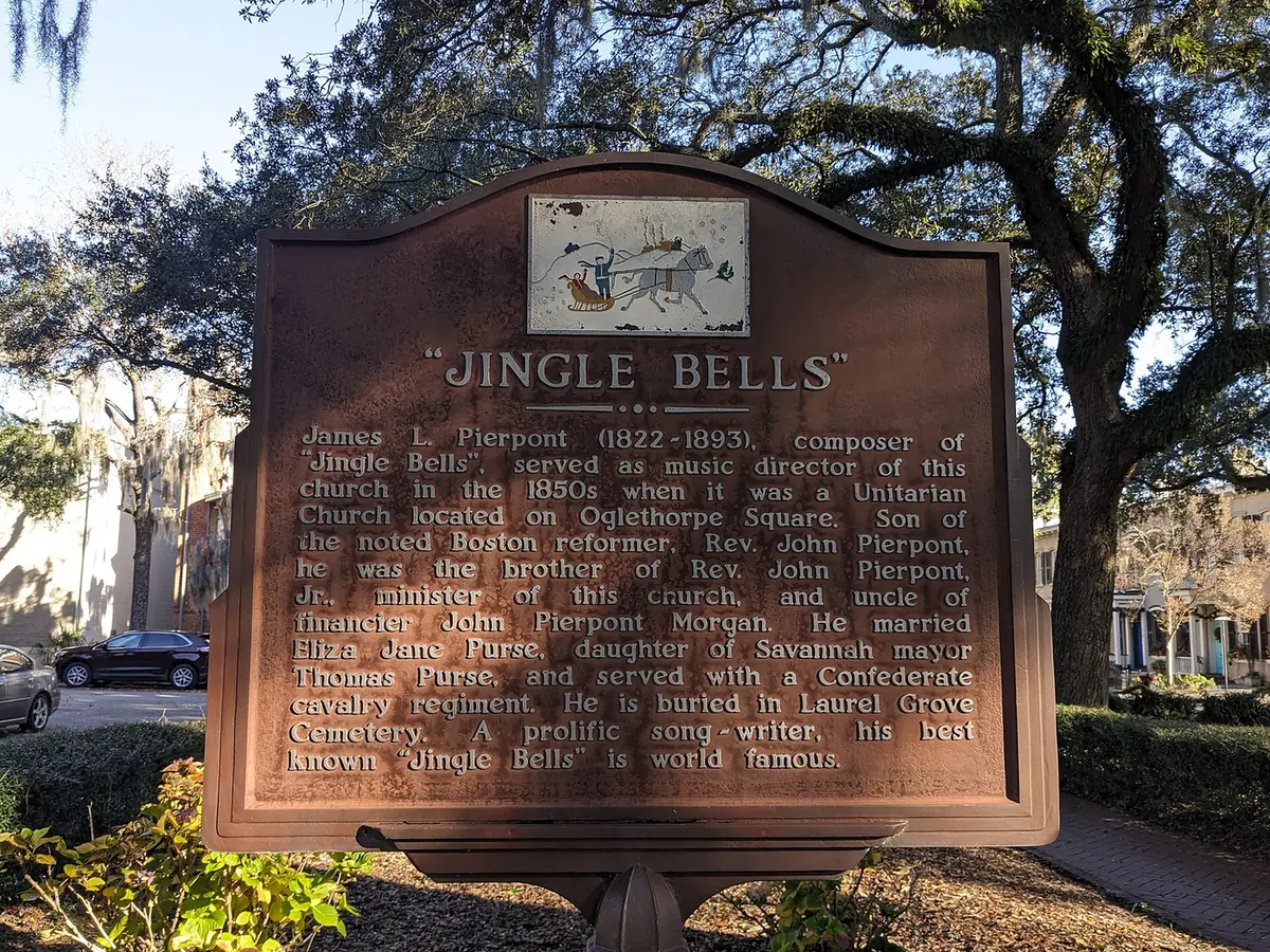 The "Jingle Bells" historical marker in Troup Square, honoring composer James L. Pierpont, who led music at a Savannah church in the 1850s.