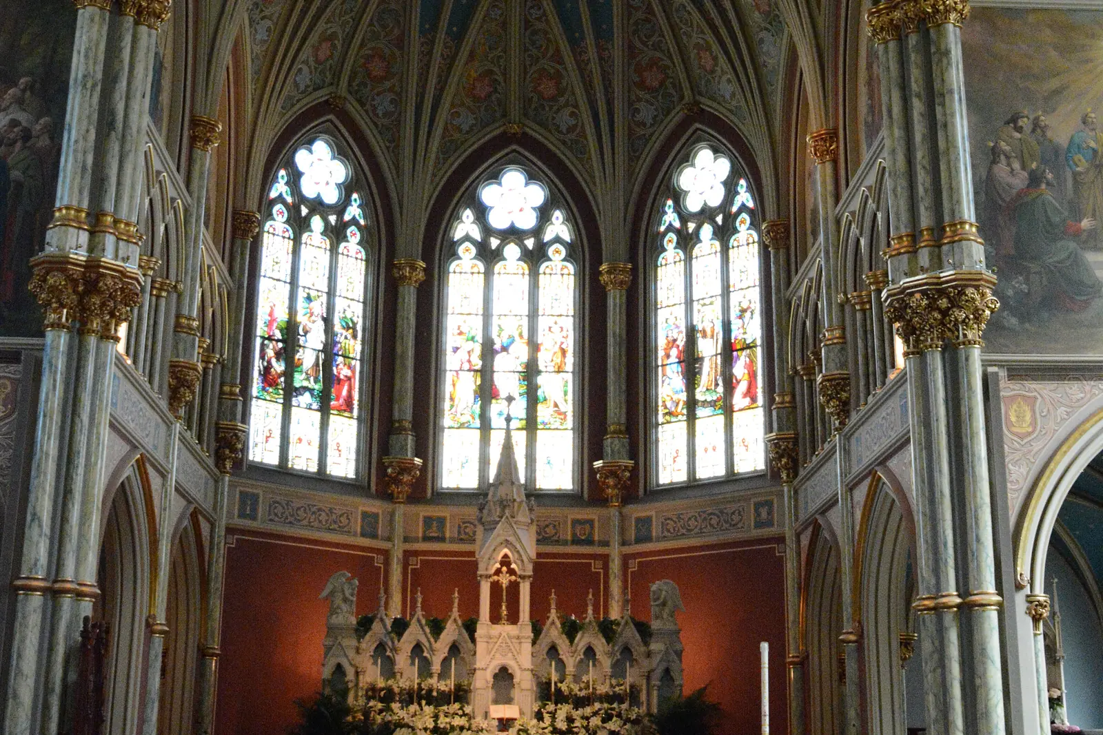 Stained glass windows above the high altar of the Cathedral of St. John the Baptist in downtown Savannah.