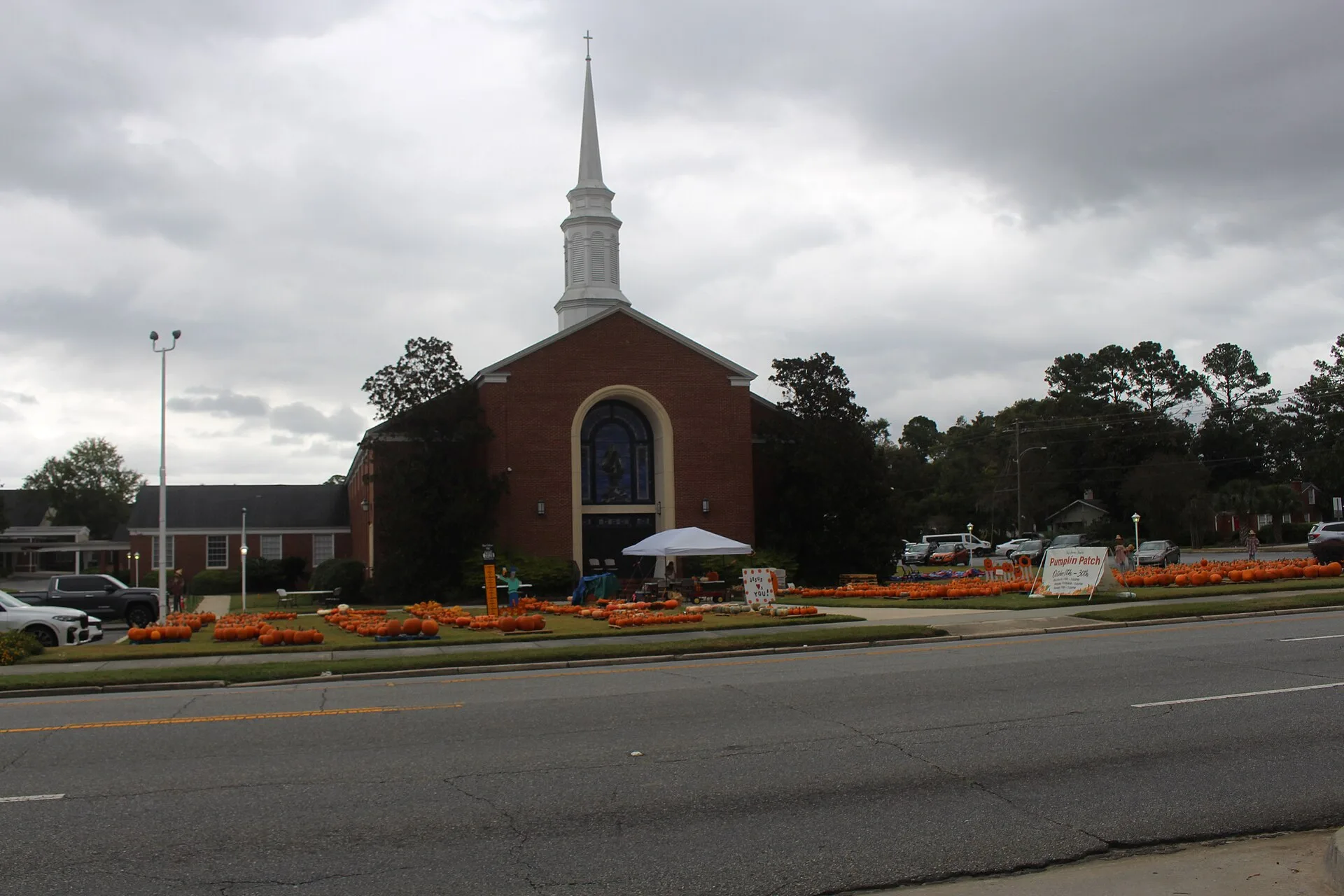 Rows of pumpkins for sale on the lawn of a church pumpkin patch in Valdosta, Georgia.