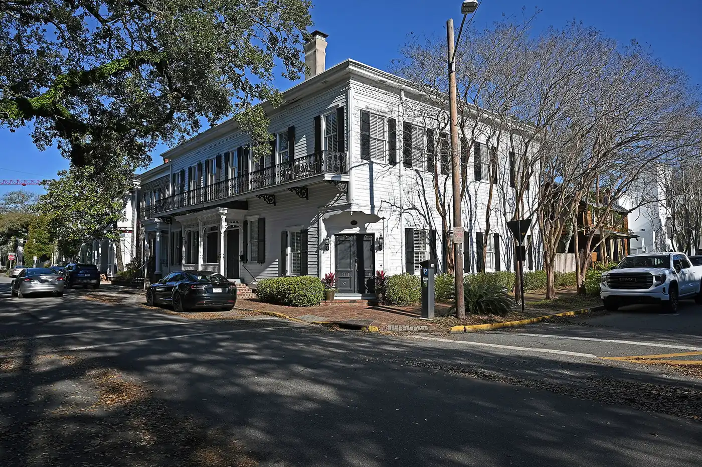 A white clapboard house at 520 E. Bryan St. in downtown Savannah.