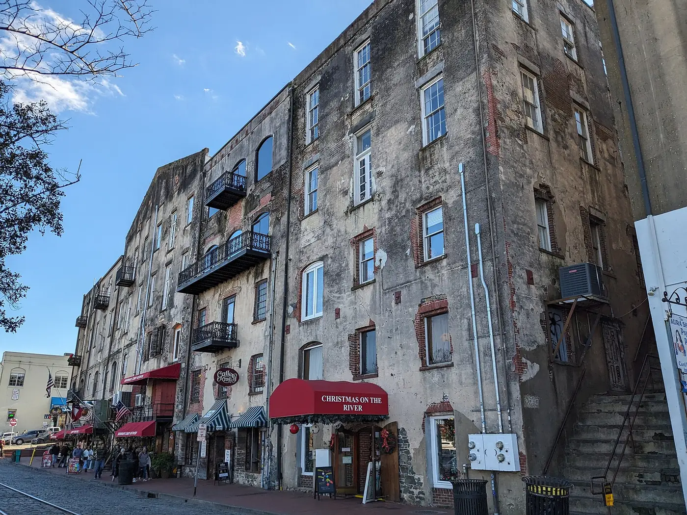 Shops and restaurants in former cotton warehouses along River Street in Savannah.