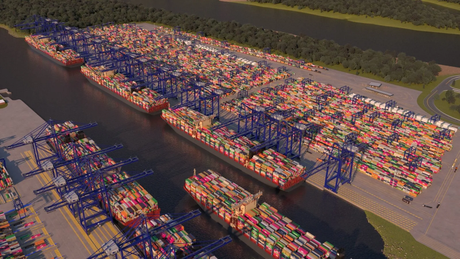 Computer rendering of the planned Savannah Container Terminal: three container ships at blue ship-to-shore cranes along a stacked container yard on Hutchinson Island, with the two-berth Ocean Terminal across the river in the foreground.