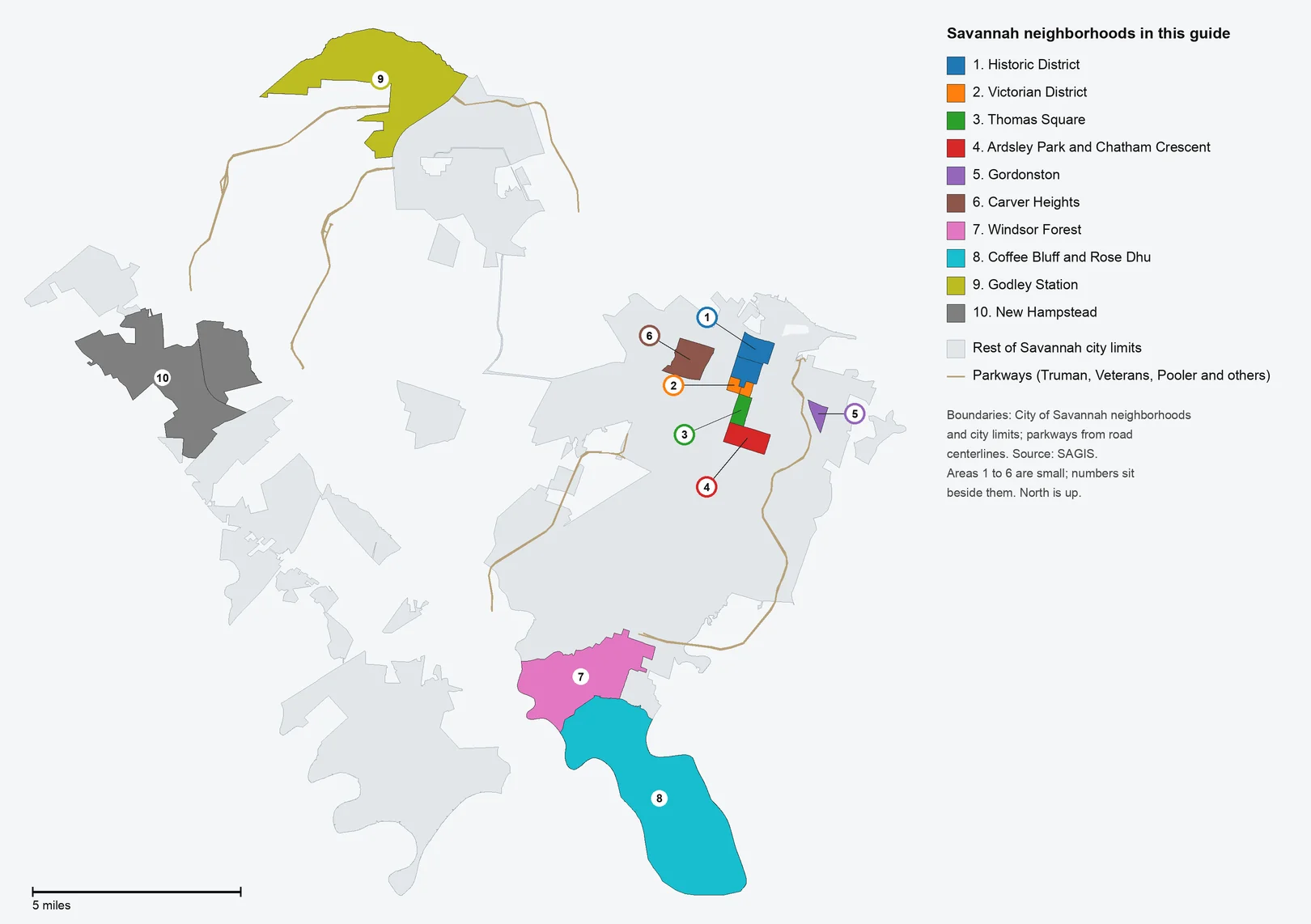 Map of Savannah's city limits with the 10 neighborhoods in this guide colored and numbered: the Historic District, Victorian District, Thomas Square, Ardsley Park, Gordonston and Carver Heights close together near the river; Windsor Forest and Coffee Bluff at the south end; Godley Station in the north and New Hampstead in the far west