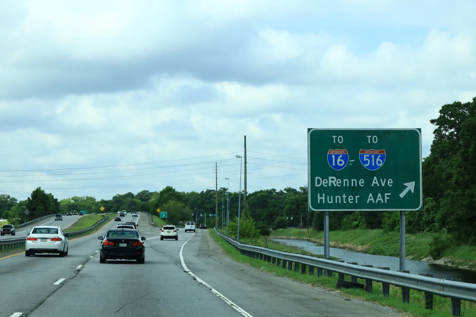 The Truman Parkway exit sign for DeRenne Avenue, I-16, I-516 and Hunter Army Airfield in Savannah.
