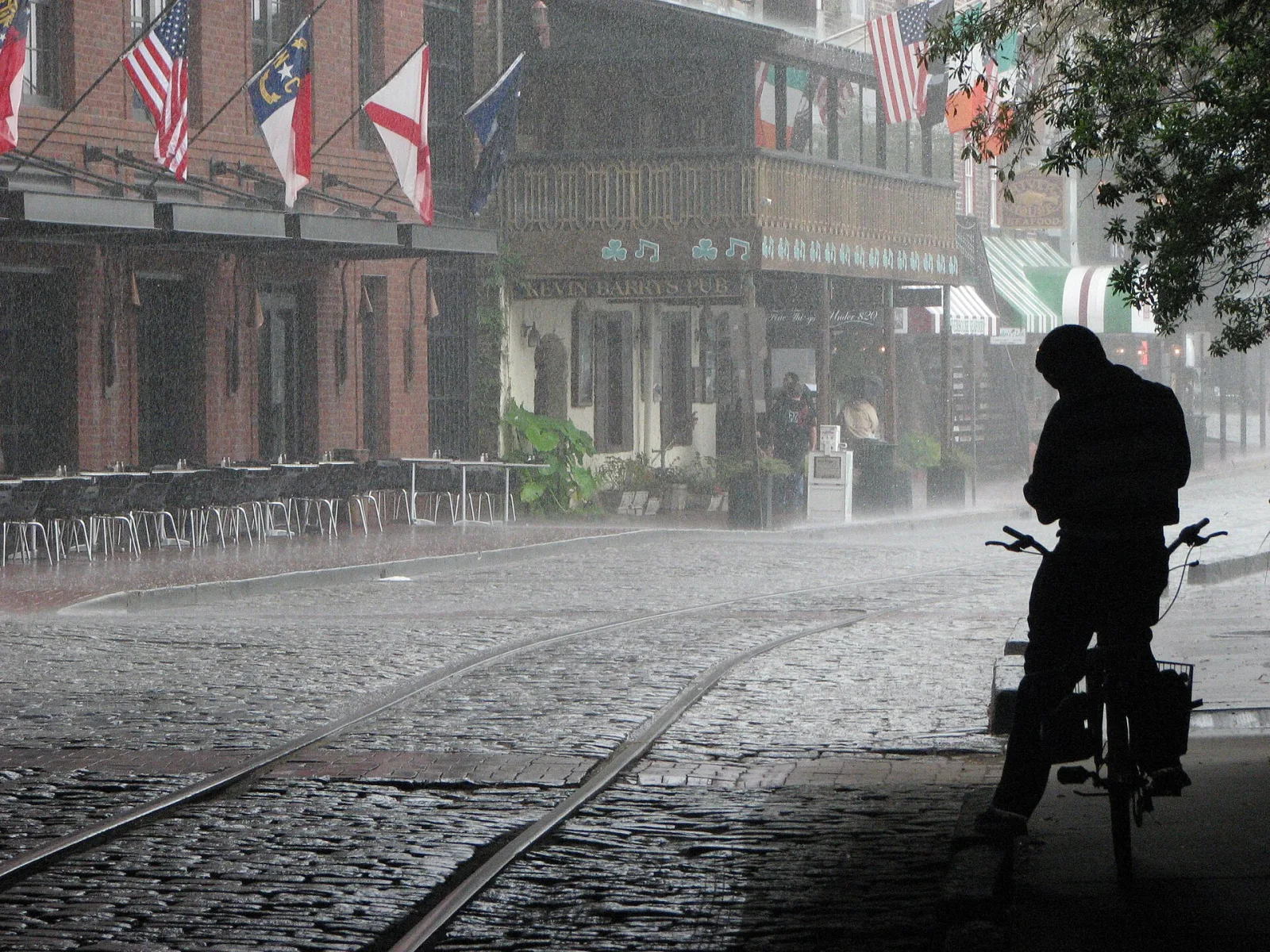Heavy rain on River Street, Savannah.
