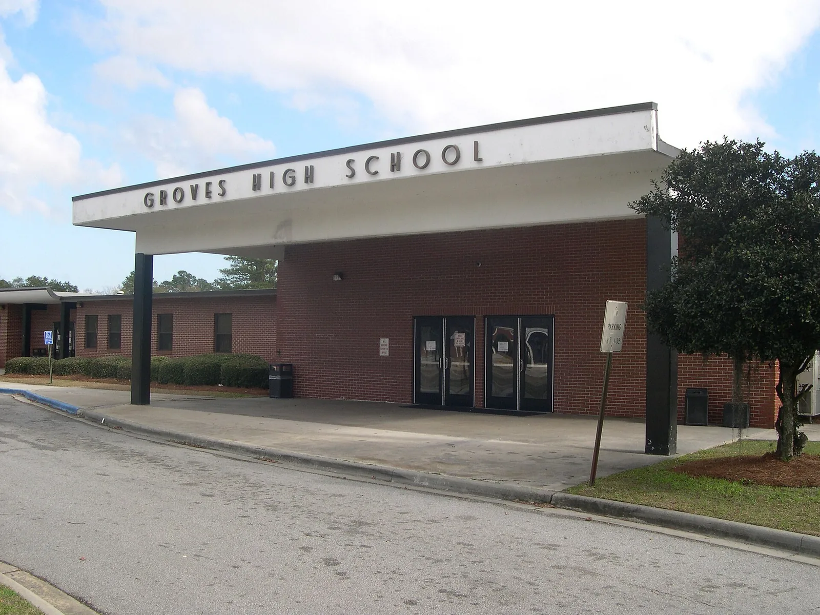 The entrance canopy at Robert W. Groves High School in Garden City