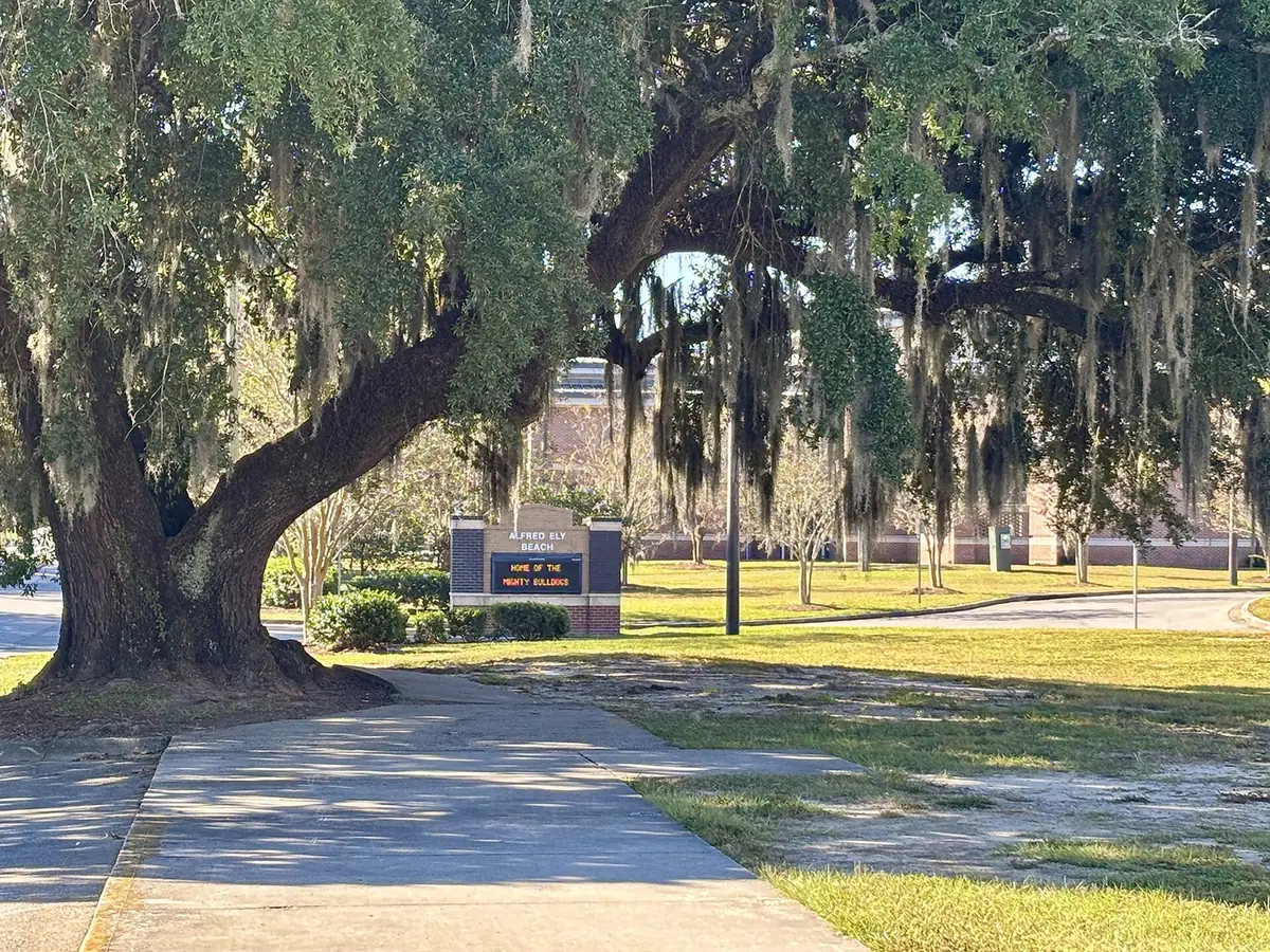 The entrance to Alfred Ely Beach High School on Hopkins Street, the high school Hodge Elementary feeds