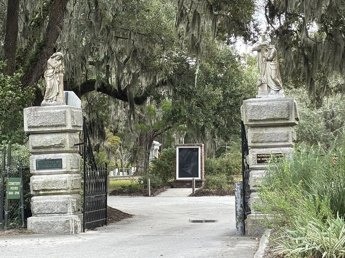 The gateway at Bonaventure Cemetery, about a mile from Johnson High