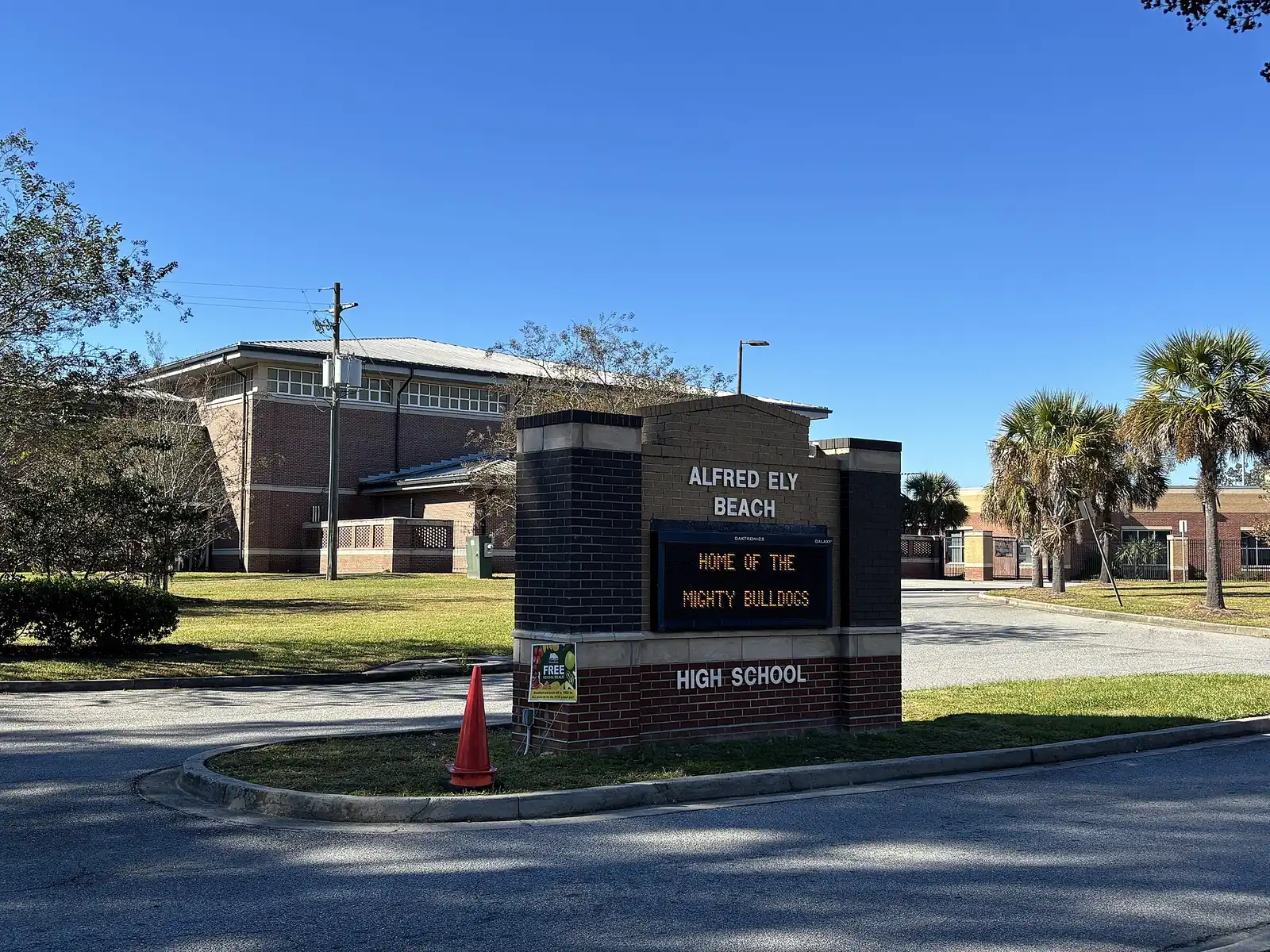 The sign at Alfred Ely Beach High School, home of the Bulldogs, in Savannah.